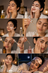 Woman following a night skincare routine with double cleansing, toner, serum, eye cream, and moisturizer for glowing, healthy skin and overnight skin repair.