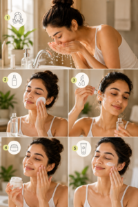 Woman following a morning skincare routine by cleansing, applying toner, serum, moisturizer, and sunscreen in a bright bathroom setting.