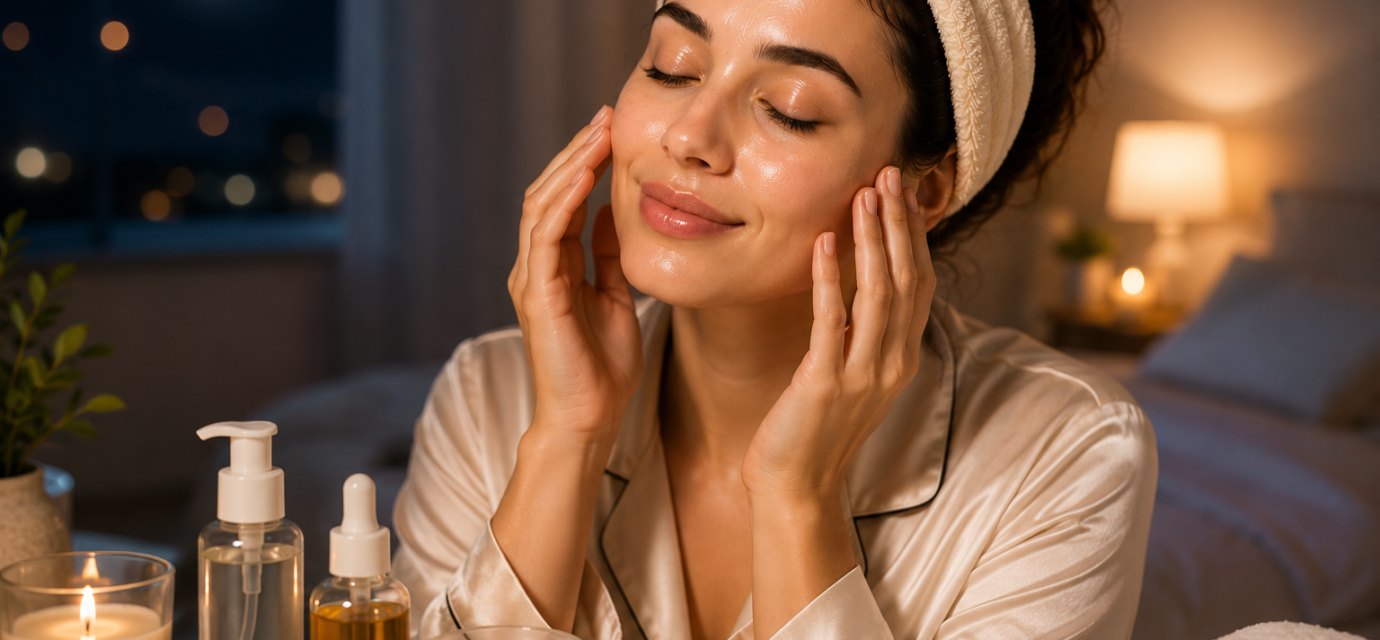 Person doing night skin care routine before bed with face oil serum and moisturizer on table