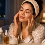 Person doing night skin care routine before bed with face oil serum and moisturizer on table