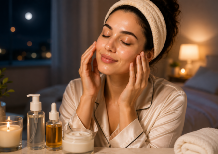 Person doing night skin care routine before bed with face oil serum and moisturizer on table