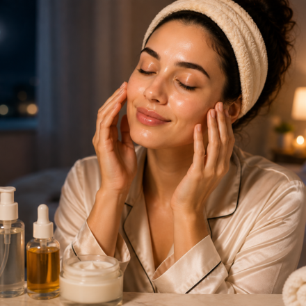 Person doing night skin care routine before bed with face oil serum and moisturizer on table