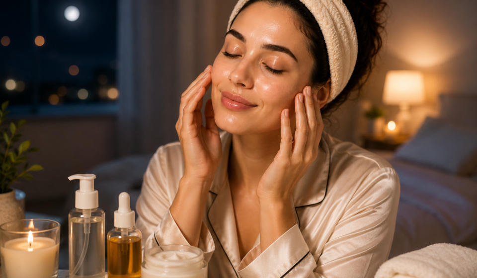Person doing night skin care routine before bed with face oil serum and moisturizer on table