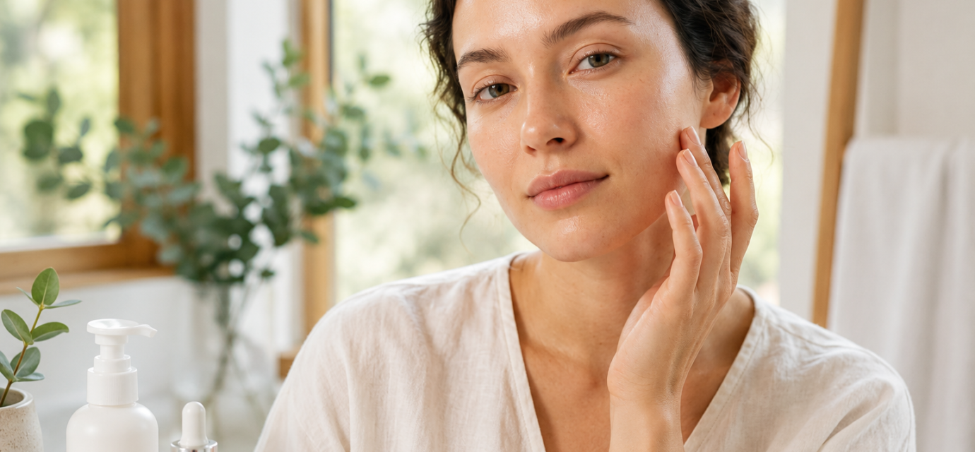 Woman following a daily face care routine for healthy, glowing, and hydrated skin at home