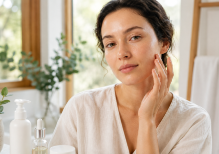 Woman following a daily face care routine for healthy, glowing, and hydrated skin at home