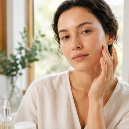 Woman following a daily face care routine for healthy, glowing, and hydrated skin at home