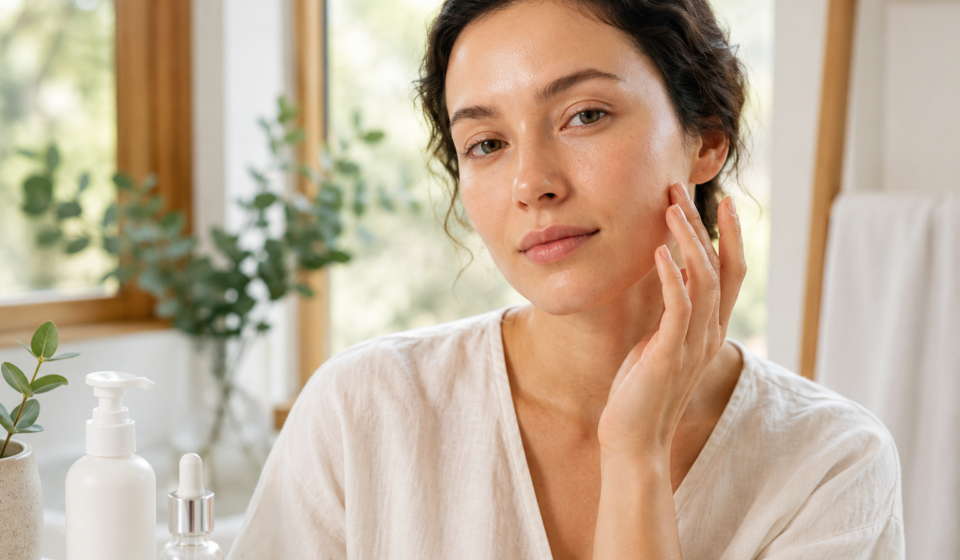 Woman following a daily face care routine for healthy, glowing, and hydrated skin at home